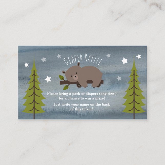 Sleepy Bear Watercolor Stars Baby Diaper Raffle Enclosure Card (Front)
