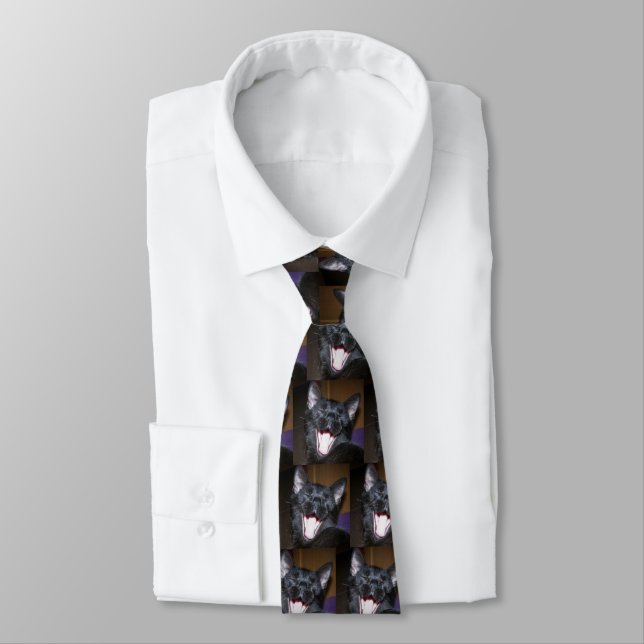 Sleepy Black Cat Yawning Pattern Tie (Tied)