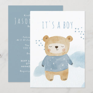 Sleepy Blue Watercolor cute bear Baby Shower Invitation