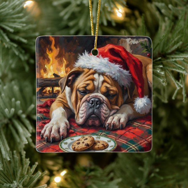 Sleepy Bulldog Dog Fast Asleep Santa Hat Christmas Ceramic Ornament (Tree)