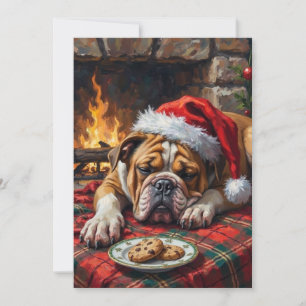 Sleepy Bulldog Dog Fast Asleep Santa Hat Christmas Holiday Card