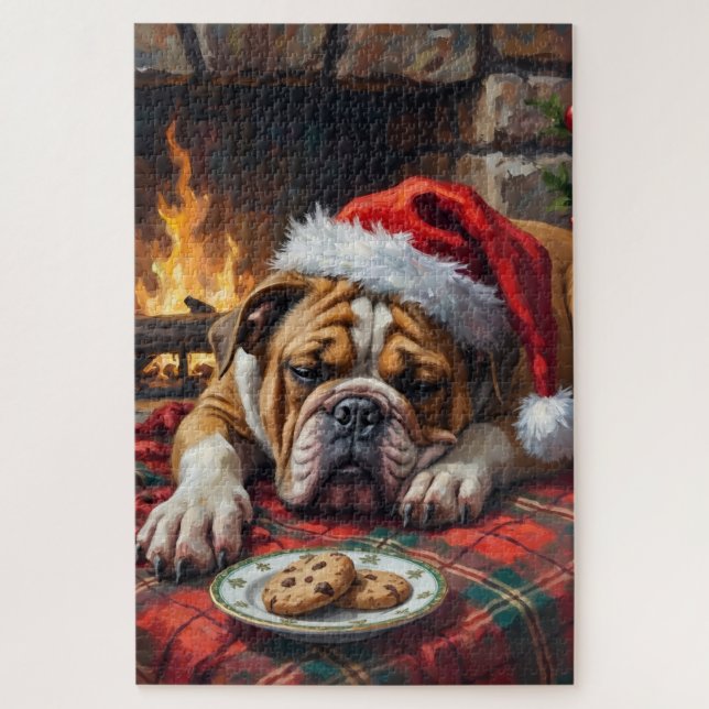 Sleepy Bulldog Dog Fast Asleep Santa Hat Christmas Jigsaw Puzzle (Vertical)