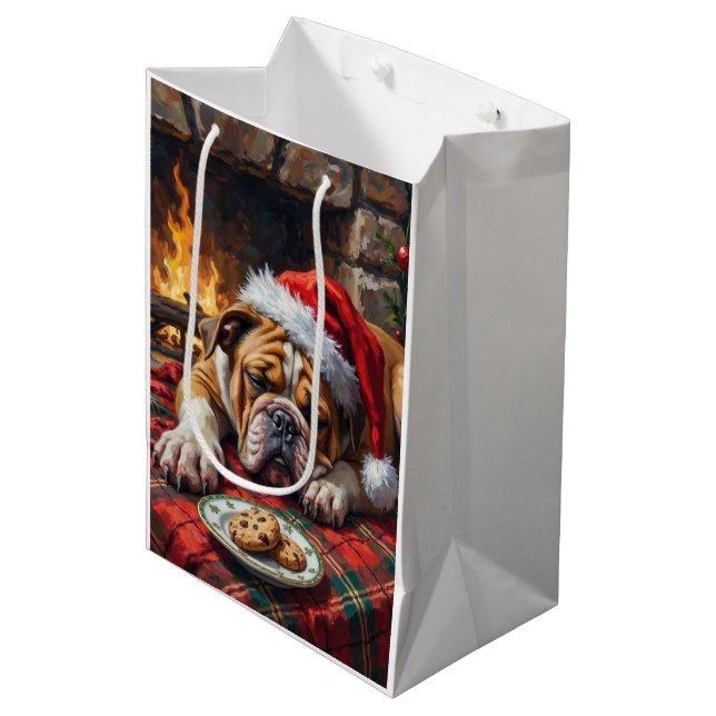 Sleepy Bulldog Dog Fast Asleep Santa Hat Christmas Medium Gift Bag (Front Angled)