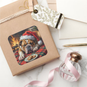 Sleepy Bulldog Dog Fast Asleep Santa Hat Christmas Square Sticker