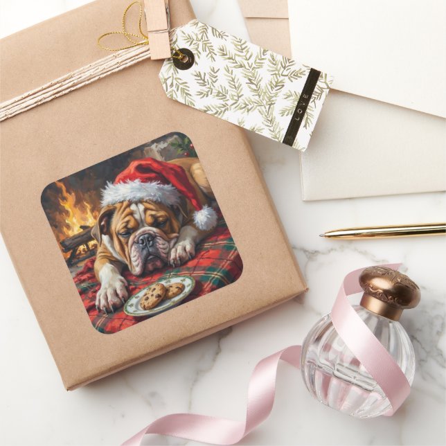 Sleepy Bulldog Dog Fast Asleep Santa Hat Christmas Square Sticker (Gifting)
