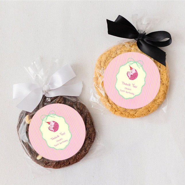 Sleepy Cat 1st Birthday Yellow Stripes Classic Round Sticker (Creator Uploaded)