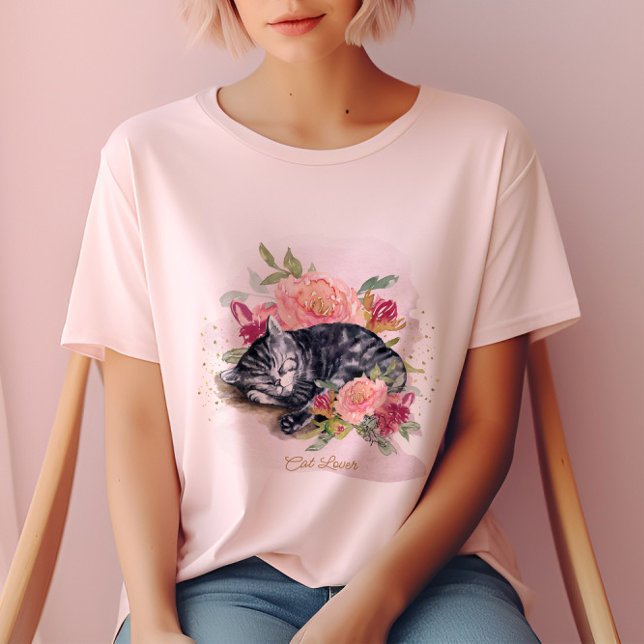 Sleepy Cat And Pink Flowers Girl's T-Shirt (Creator Uploaded)