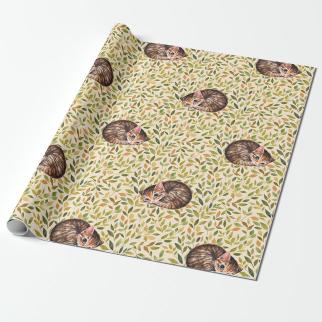 Sleepy cat, floral background wrapping paper (Unrolled)