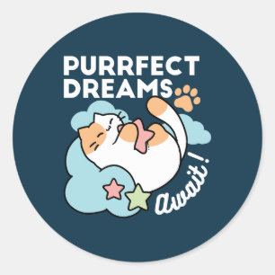 Sleepy Cat Hugging Star – Purrfect Dreams Cute Cat Classic Round Sticker