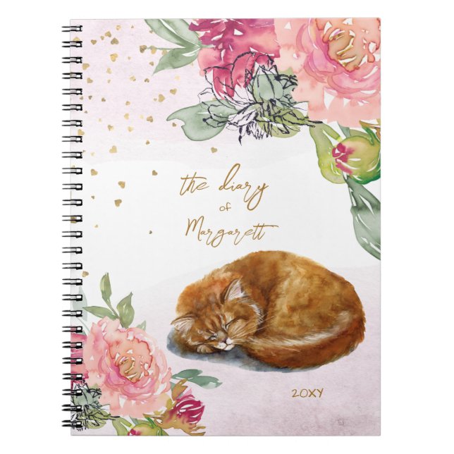 Sleepy Cat Illustration Flower Girl Daily Diary Notebook (Front)