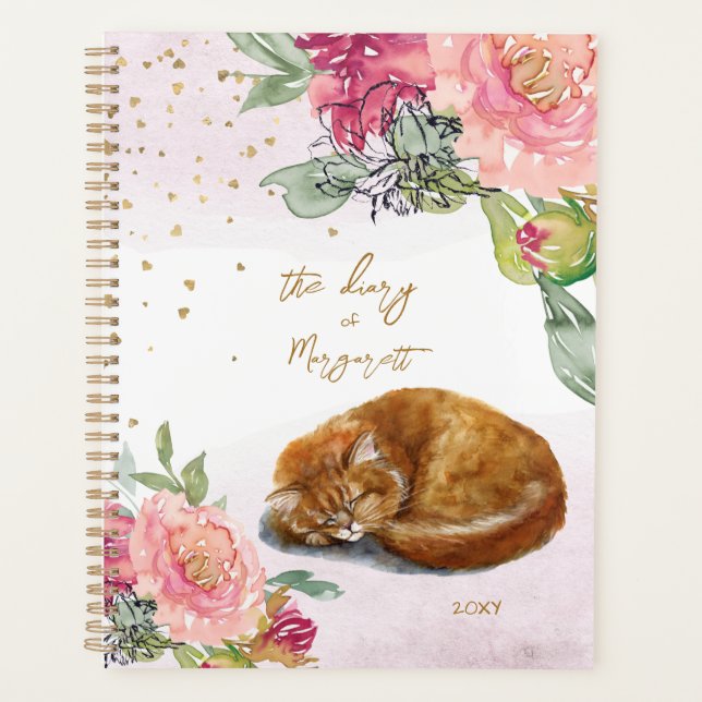 Sleepy Cat Illustration Flower Girl Daily Diary Planner (Front)