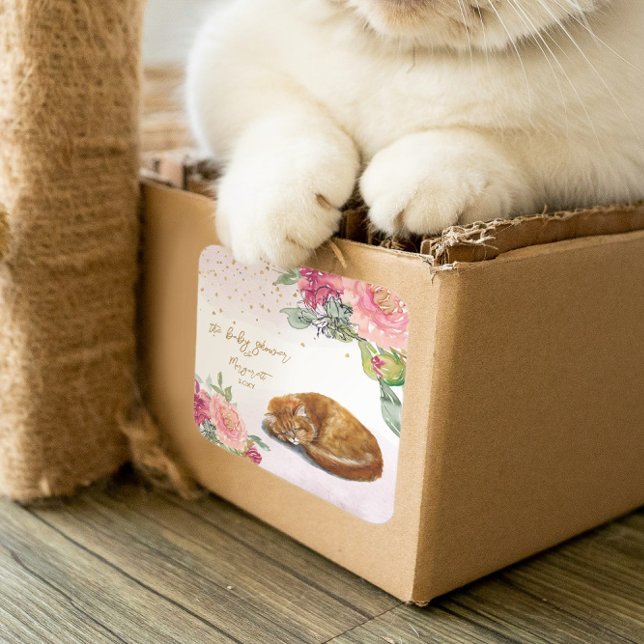 Sleepy Cat Illustration Girl Baby Shower Square Sticker (Creator Uploaded)