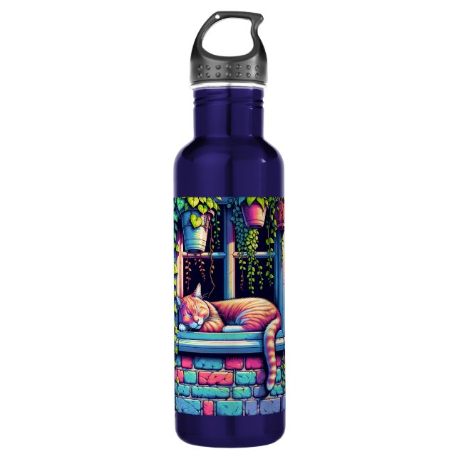Sleepy Cat in Window Sill Ai Art 710 Ml Water Bottle (Front)