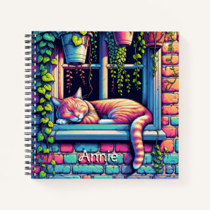Sleepy Cat in Window Sill Ai Art Personalised Notebook