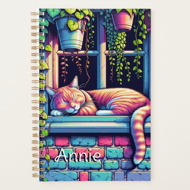 Sleepy Cat in Window Sill Ai Art Personalised Planner (Front)