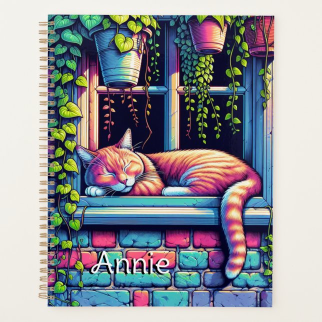 Sleepy Cat in Window Sill Ai Art Personalised Planner (Front)