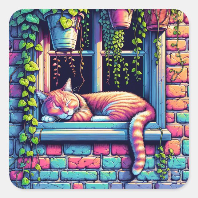 Sleepy Cat in Window Sill Ai Art Square Sticker (Front)