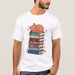 Sleepy Cat on Books Illustration T-Shirt