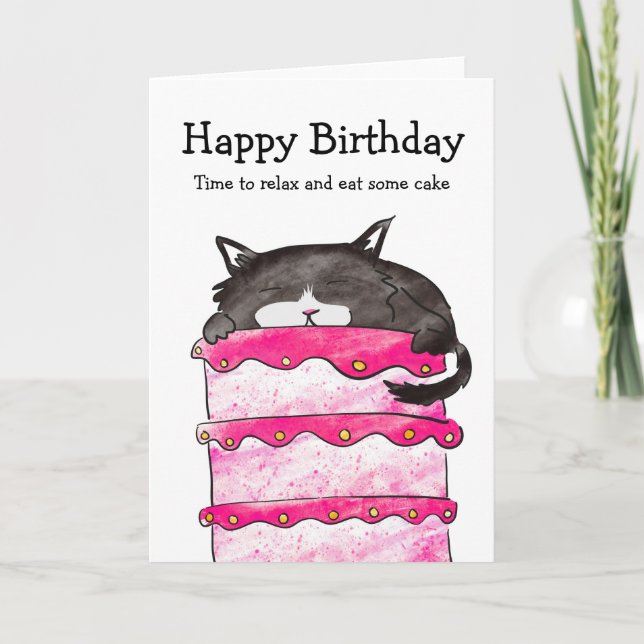 Sleepy cat with birthday cake card (Front)