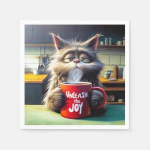 Sleepy Cat With Fun Text On a Red Coffee Mug Napkin