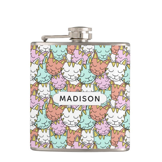 Sleepy Cats Pattern custom name flasks (Front)