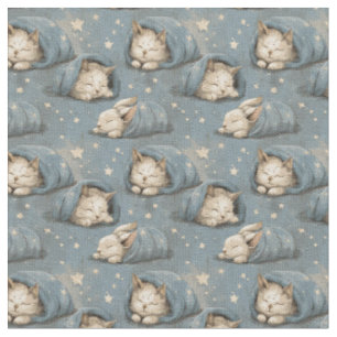 Sleepy Cats Under Starry Sky Cosy Blue Pattern Fabric