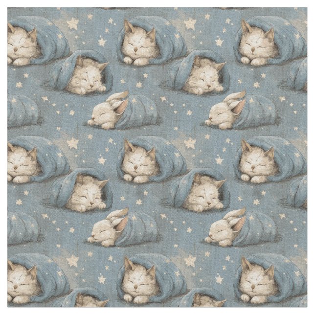 Sleepy Cats Under Starry Sky Cosy Blue Pattern Fabric (Close Up)
