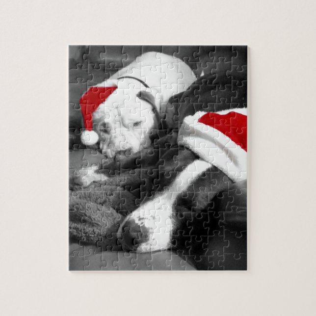 sleepy christmas pitbull puppies adorable santa jigsaw puzzle (Vertical)