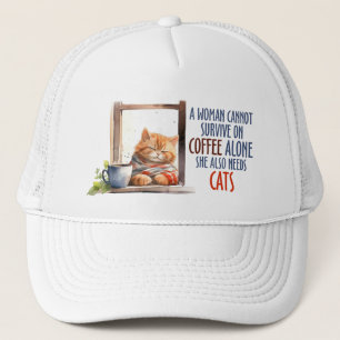 Sleepy Cute Orange Cat with Cup of Coffee Trucker Hat