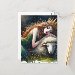 Sleepy Fairy Queen and Her Sheep Watercolor Postcard