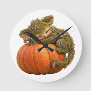 Sleepy Fantasy Creature Hugging Pumpkin Wall Clock