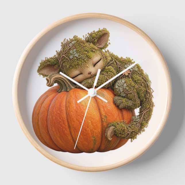 Sleepy Fantasy Creature Hugging Pumpkin Wall Clock (Front)