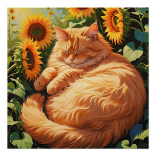 Sleepy Fat Orange Cat with Sunflowers Poster