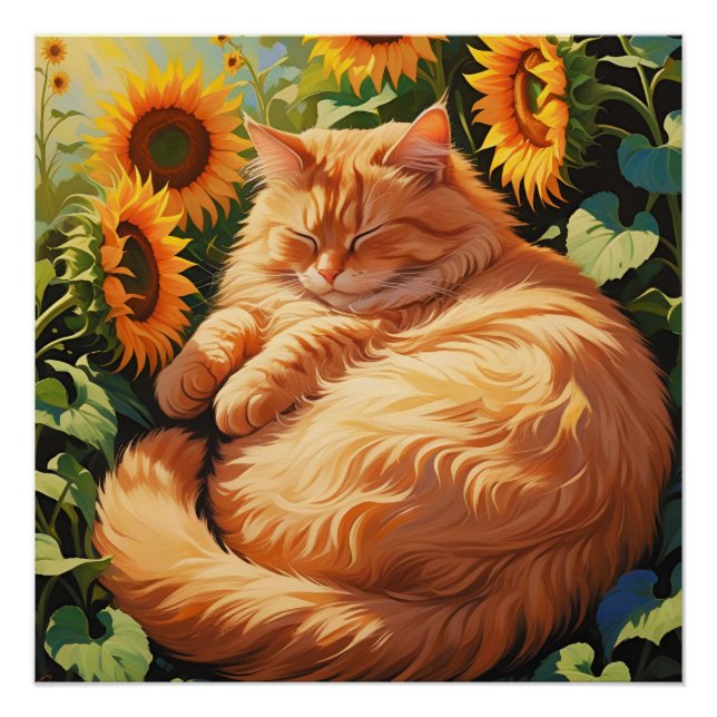 Sleepy Fat Orange Cat with Sunflowers Poster (Front)