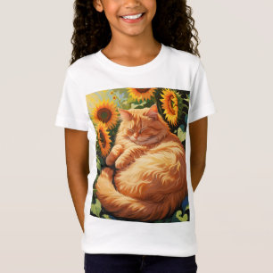 Sleepy Fat Orange Cat with Sunflowers T-Shirt