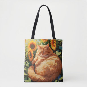 Sleepy Fat Orange Cat with Sunflowers Tote Bag