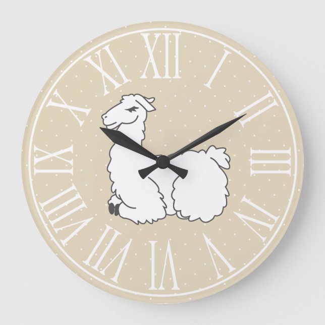Sleepy Fluffy Llama & White Polka Dots Large Clock (Front)