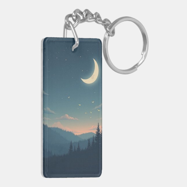 Sleepy Forest Owl – Crescent Moon Acrylic Keychain (Back Left)