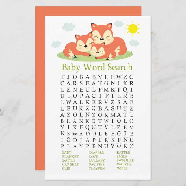 Sleepy fox Baby Shower Word Search Game (Front/Back)