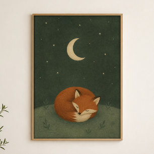 Sleepy Fox Moon Watercolour Celestial Art Poster