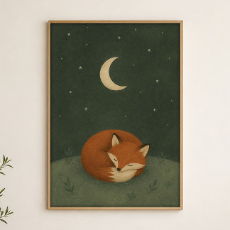 Sleepy Fox Moon Watercolour Celestial Art Poster