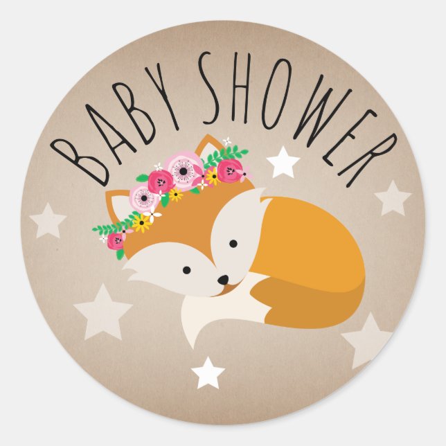 Sleepy Fox Stars Girl Baby Shower Sticker (Front)