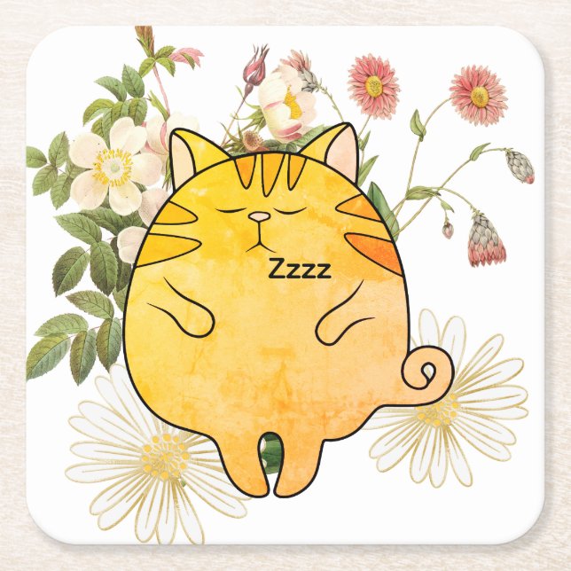 Sleepy Ginger Cat Square Paper Coaster (Front)