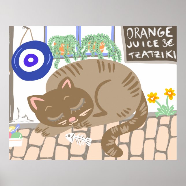 Sleepy Greek Taverna Cat Mediterranean Scene Poster (Front)