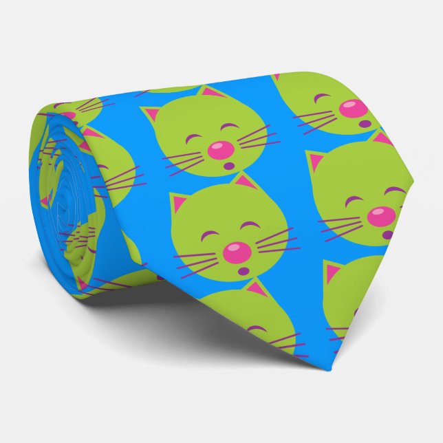 Sleepy Green Cat Tie (Rolled)