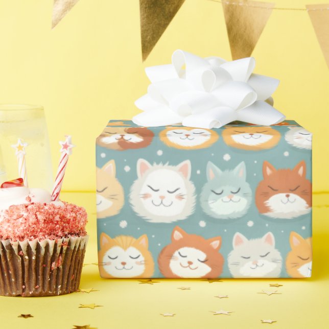 Sleepy Head Cat Heads Wrapping Paper (Birthday Party)