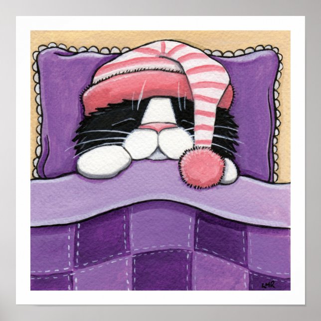 Sleepy Head Cat Wearing A Night Cap Art Print (Front)