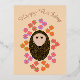 Sleepy Hedgehog and Flowers Custom Birthday Foil Holiday Postcard