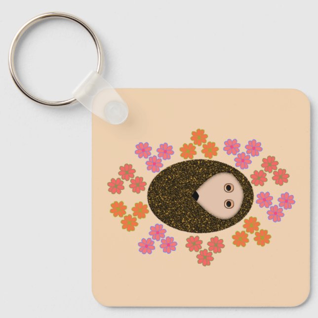 Sleepy Hedgehog and Flowers Custom Key Ring (Front)