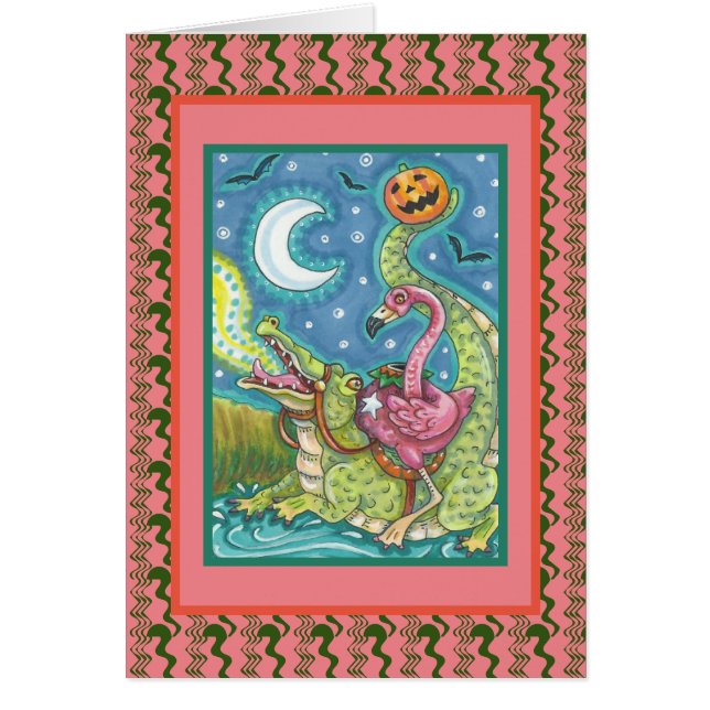 SLEEPY HOLLOW PINK FLAMINGO & CROCODILE FUNNY CARD (Front)